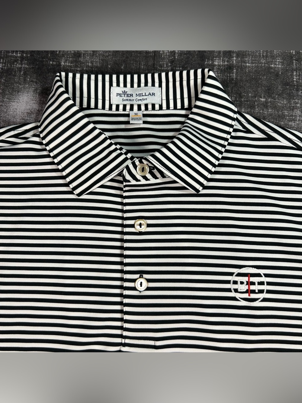 Peter Millar Polo Mens Large Black/White Stripe Athletic Performance Golf Shirt